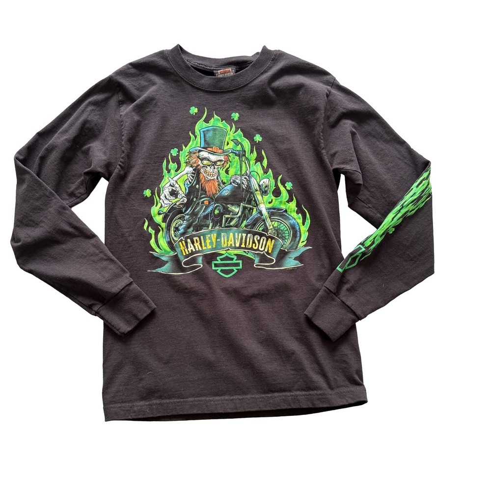 Harley Davidson St Patricks Long Sleeve Tee S Black Leprechaun Skeleton Biker S
